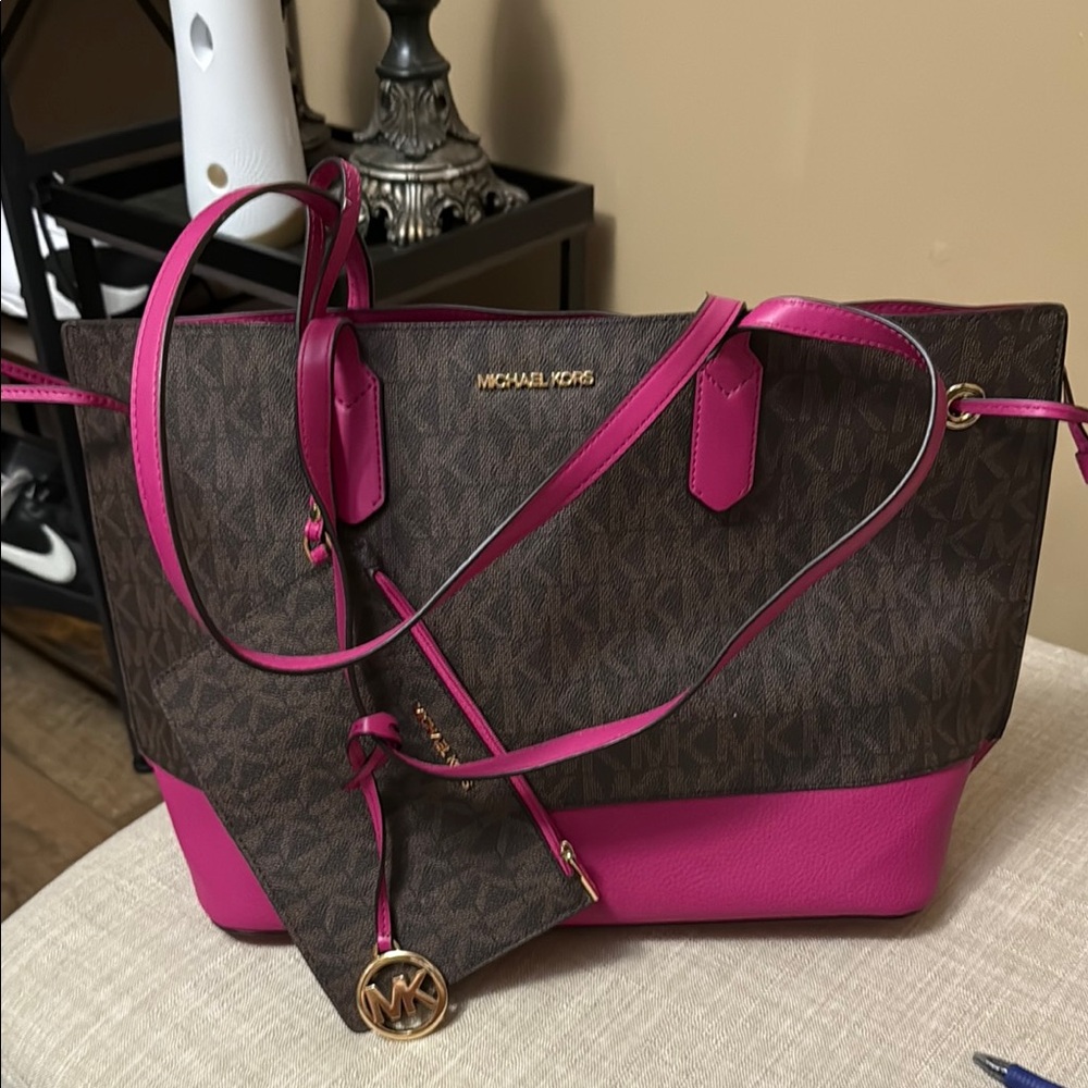 Michael Kors Brown and Pink Tote Bag